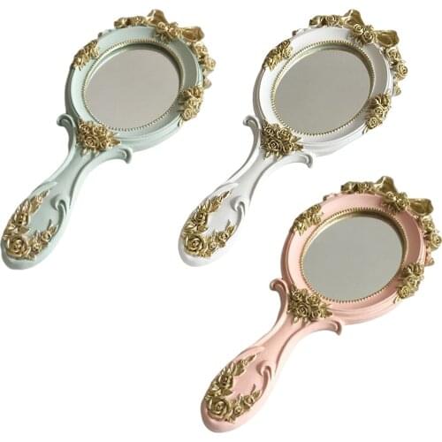 European Style Vintage Handheld Roses Mirror Princess Women Oval Vanity Makeup Cosmetic Tool with Embossment Rose