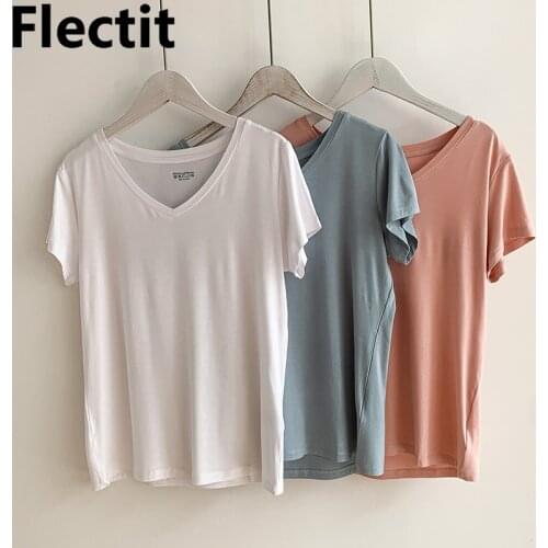 Flectit Cotton Basic T-shirt Women Short Sleeve V-Neck Stretchable Comfy Cotton Tee Tops Summer Female Casual Outfit