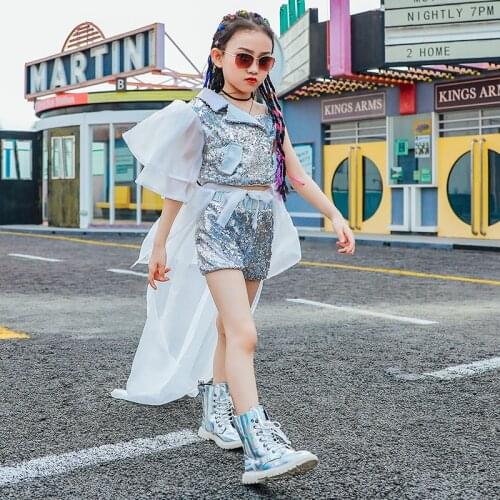 Modern Hip Hop Dance Shiny Sequin Red/Silver Suit For Kids Stage Performance Clothes Girls Jazz Street Dance Costumes DQL4346