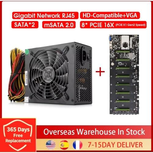 BTC-D37 Miner Motherboard CPU Set 8*PCIE 16X Graphics Card Slots DDR3 Memory VGA+HDMI-Compatible + 1850W Power Supply Dropship