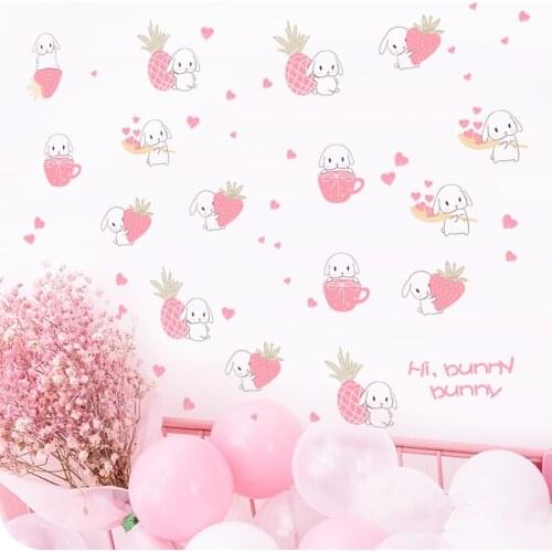 Cute Strawberry Rabbit Wall Stickers Kawaii Home Decor Girl Room Decor Pink Bedroom Wall Decoration Mural Wallpaper Art Stickers