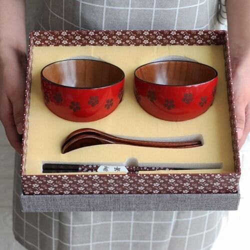 Japanese Wooden Bowls Spoons Chopsticks Set Gift Box 2 6 Pairs for Rice Salad Noodle Soup Ice Cream