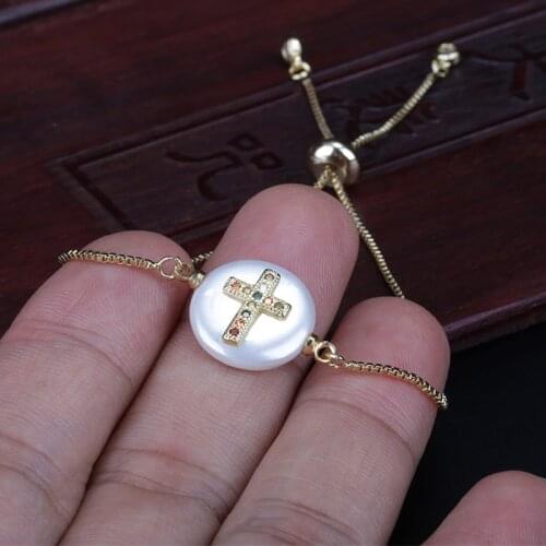 Rainbow mix cz micro paved tiny religious cross charm round pearl connector charm gold tiny link bracelet for woman jewelry 2020
