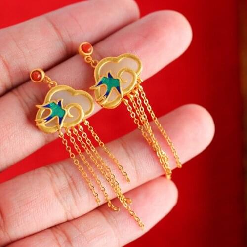 Luxury Tassels Earrings Vintage Auspicious Clouds Hetian Stone Enamel Jewelry For Women Wedding Party Classic Accessories
