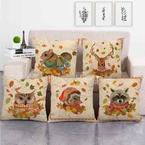 Christmas Cute Animal Linen Cushion Cover 45x45 for Bed Sofa Garden Autumn Maple Leaf Decorative Throw Pillows Case Home Decor