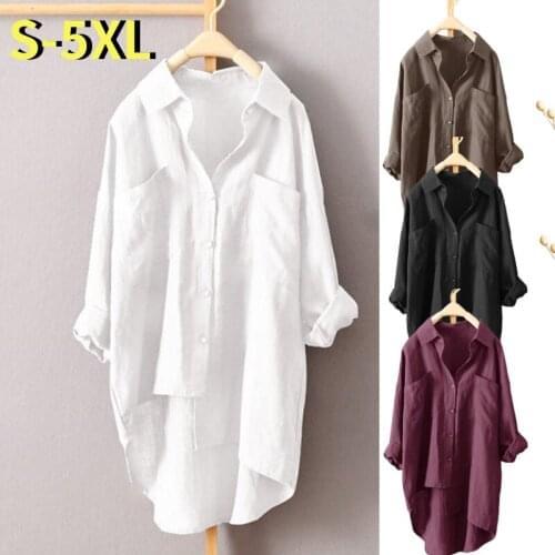 Kuelawear Double Pockets Shirts Ladies Fashion Tops Womens Long Sleeve Lapel Tops Medium and Long Casual Pure Color Shirts Plus