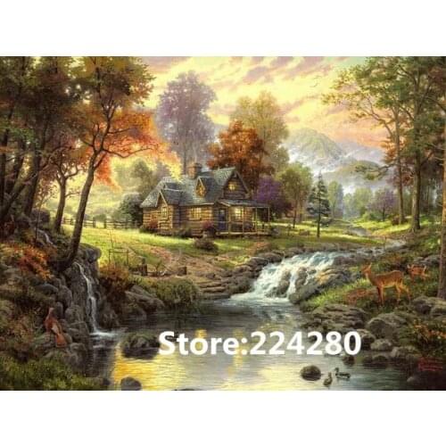 Needlework.for embroidery,DIY 14CT Unprinted Art Cross stitch kits Forest hut Creek Scenery set Cross-Stitching decor crafts