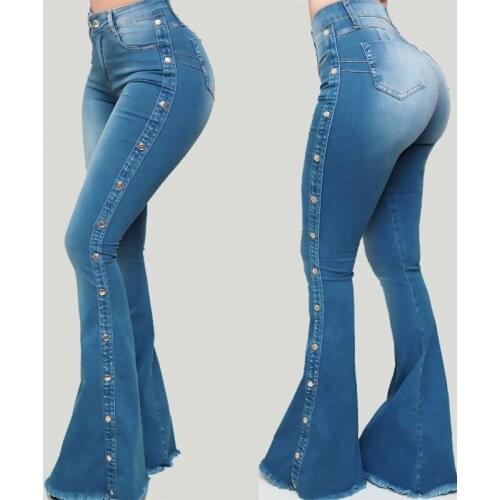 Blue Washed Flare Denim Mom Jeans for Women Winter Spring Clothes Skinny Side Stripe High Waisted Sequined Pant Trousers Y2K