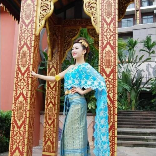 Asian Thai Laos Vietnam Dai Nation Folk dance Traditional dress blue Queen single shoulder Ancient Thailand style Outfit