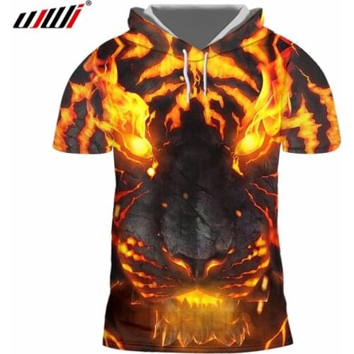 UJWI Summer Top Men Casual Tshirt Funny Print Flame Tiger Eyes Animal 3d Cap T-shirts Man Bodybuilding Fitness Short Sleeve