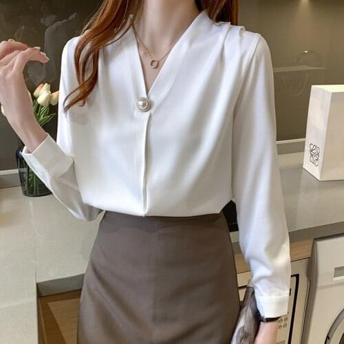 Korean Womens Shirt V-neck Long Sleeve Top Casual Solid Color Blouses Tops Blusa Feminina