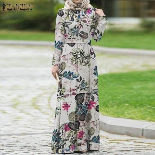 ZANZEA Women Spring Muslim Dress Kaftan Printed Floral Dress Abaya Morocco Long Maxi Dress Bohemian Casual Sundress Robe Femme
