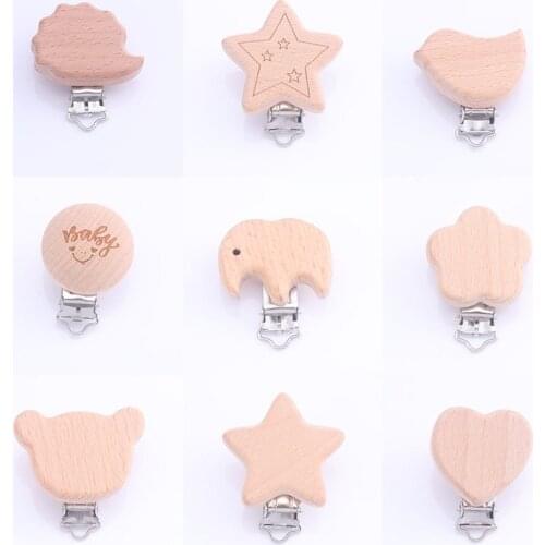 10Pcs Baby Teething Pacifier Chain Holder DIY Accesories 10Pcs/Lot Food Grade Beech Wooden Clip Animal Heart Shape Dummy Clip