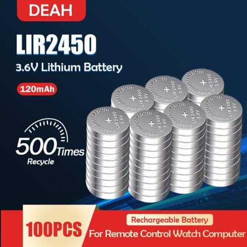 100PCS LIR2450 3.6V 120mAh Rechargeable Lithium Battery For Wireless Switch Replace CR2450 DL2450 ECR2450 KCR2450 Button Cell