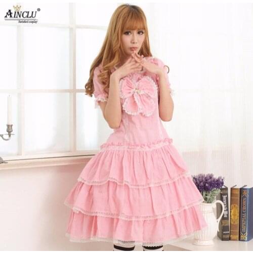 Ainclu Womens Pink Polyester Soft Adorable Sweet Cute Wrinkled Princess Lolita Dress