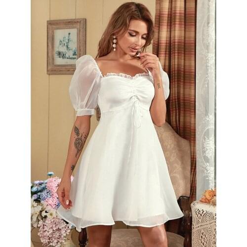 White Princess Dress Summer 2021 Casual Slim Lace Up Short Sleeve Women Mini Party Dress Korean Fashion Elegant Vestidos BH7126