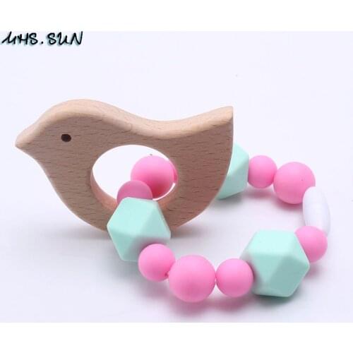 MHS.SUN Food grade silicone beads bracelets cute elephant/hedgehog/birdie/butterfly original wooden toy chewable for baby gift