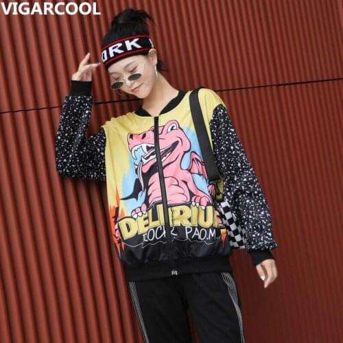 Tide brand women' spring cartoon dinosaur print baseball clothing loose fashion long-sleeved casual jacket street clothes women