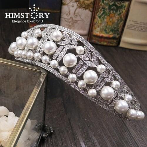 Wave Shape Cubic Zircon CZ Crown Big Round Shinny Imitation Pearl Tiaras Diadema Wedding Hair Accessories Hair Jewelry