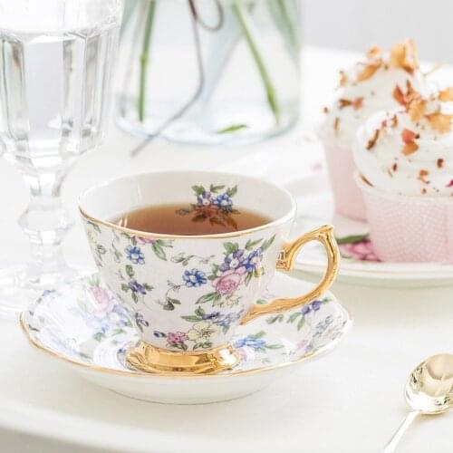 Europe Noble Bone China Coffee Cup Saucer Set Ceramic Tulips Golden Mug Porcelain Afternoon Tea Cup Cafe Party Drinkware 170ml