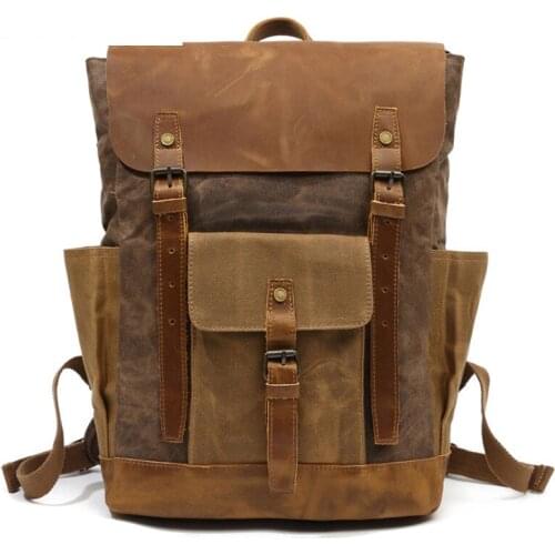 Retro Outdoor Backpack Canvas Bag Crazy Horse Leather Travel Backpack Men Hit Color Oil Wax Waterproof Computer School Bag Male
