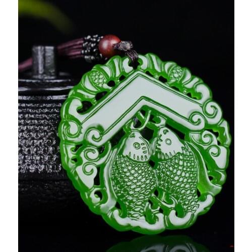 Chinese Natural Double Carp Green Jade Pendant Necklace Hollow Hand-carved Charm Jewelry Fashion Amulet Gifts for Women Men