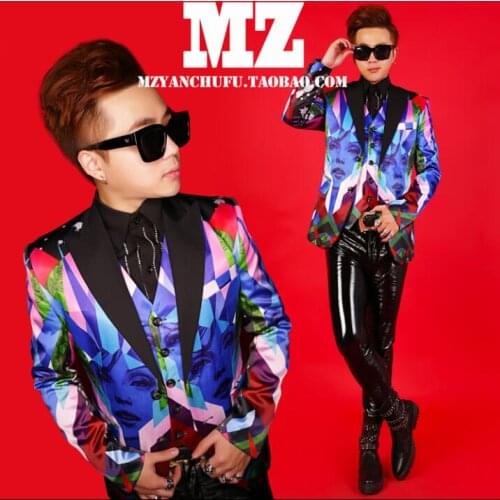 Korean Version Mens Colorful Suit Male Singer Skinny Blazer Short Costume Performance Party Slim Suits printed suit jacket