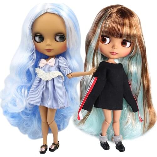 ICY DBS Blyth doll 1/6 bjd joint body dark skin matte face brown and blue hair 30CM toy
