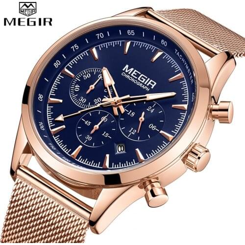 2021 MEGIR New Mens Watches Business Stainless Steel Strap Waterproof Quartz Watch Men Chronograph Luxury Sport Male Wristwatch