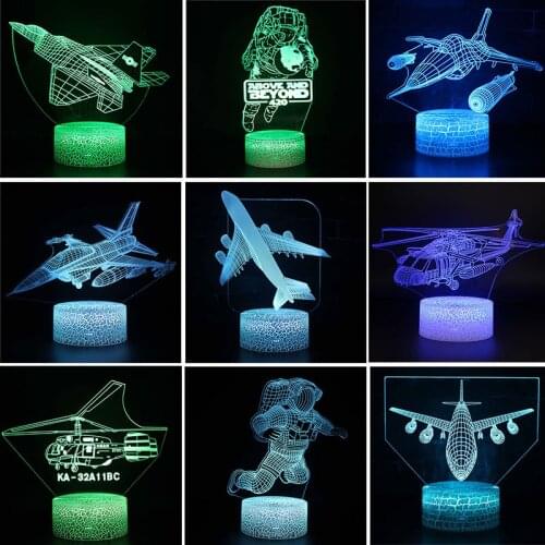 Airplane Astronaut Model 3D Light Night Lamp for Kid Bedroom Fighter Helicopter 3d Illusion Vision Table Lamp for Children Toys