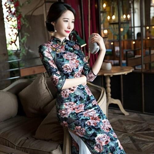 Fashion 3/4 Sleeve Long Dress Qipao Dresses Vintage Chinese Style Cheongsam Dress Velvet Cheongsam Daily Slim Printing Dress