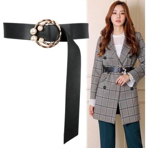 Fashion Womens Belt Luxury Metal Buckle Pearl Belts High Quality Decoration PU Leather Elegant Female Sweater Skirt Waistband