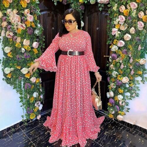 Muslim Evening Party Dress 2 Piece Set Kaftan Polka Dot Print Chiffon Maxi Dress Long Sleeve African Dresses For Women