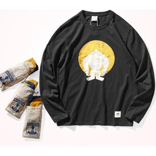 Spring and Autumn American Retro Mens Fashion Long Sleeve O-neck Printed T-shirt Pure Cotton Washed Old Casual Bottoming Tops