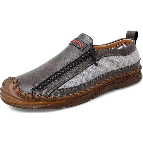 New Leather Casual Shoes Mens Casual Moccasins Loafers Adult Men Breathable Footwear Zip Male Sneakers High Quality Sewing