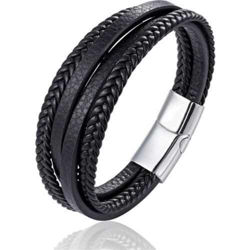 New Design Multi-layers Handmade Braided Genuine Leather Bracelet & Bangle For Men Stainless Steel Fashion Bangles Gifts Jewelry