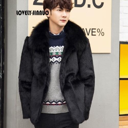 2021 New Mens Clothing Real The Whole Skin Rabbit Fur Coat With Fox Fur Collar Outside Coat Jacket Free Shipping JN389