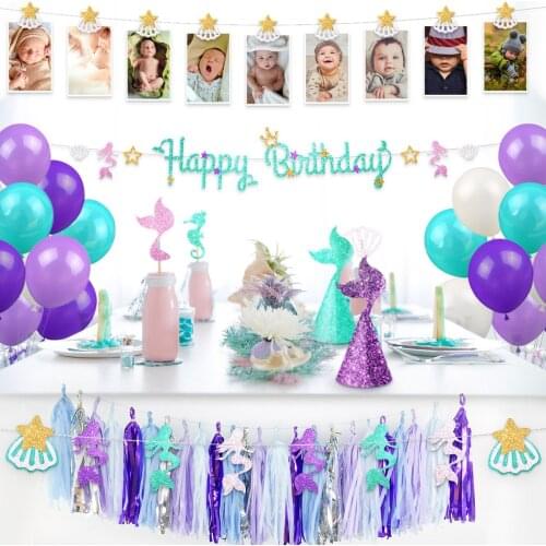 New best selling mermaid theme childrens birthday party decorations set tassel cake flag mermaid party supplies Birthday Party
