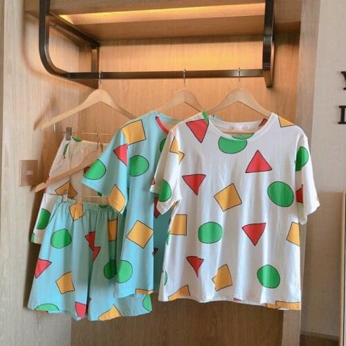 Pijama Set for Women Summer Sleepwear Suits with Sleep Tops and Shorts Round Neck Geometric Women Pijama Cute Lounge Wear