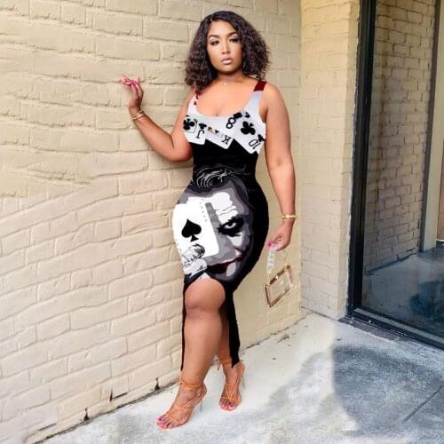 TNNAOFF Plus Size Poker Print Long Maxi Tank Dress for Women Summer Sexy Sling Sleeveless Side Slit Night Party Club Dresses