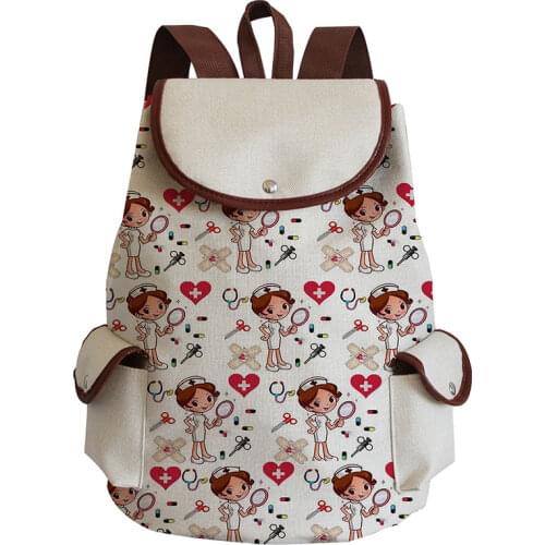 Cartoon Nurse Printed Backpack Girls School Bag For Teenager Drawstring Rucksack High Capacity Travel Women Book Bag Portable