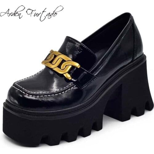 Arden Furtado Spring Autumn Chunky Heels Sexy New Square Head Genuine Leather Metal Chains platform Wedges Pumps High Heels