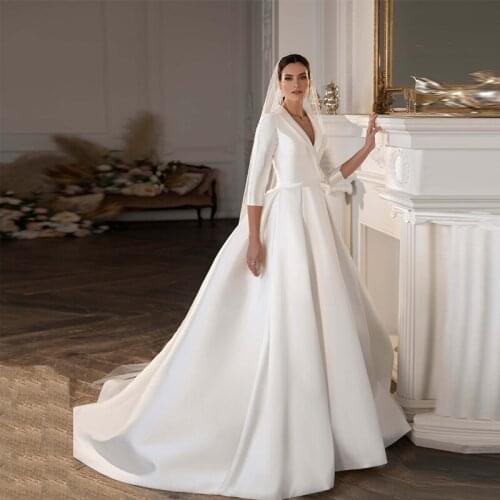 Vintage Satin Wedding Dress A-Line New 2021 Deep V Neck 3/4 Sleeve Back Buttons Sweep Train Long Garden Chapel Wedding Dresses