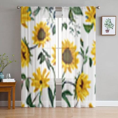 Yellow Sunflower White Sheer Curtains for Living Room Bedroom Kitchen Chiffon Tulle Curtains Home Hotel Coffee Decor