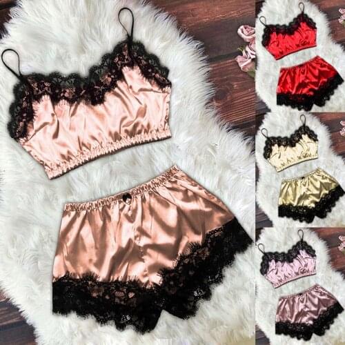 Womens pajamas suit sexy satin lace strap with bow shorts pajamas suit S-XL fashion explosion hot sell Комплект пижам 05