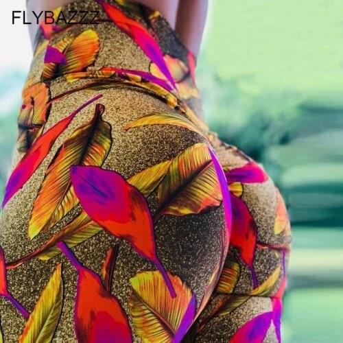 2019 Women Golden Leaves Print Yoga Pants Slim Breathable Exercise Fitness Leggings Sexy Push Up Pants Ladies Sport Gym Leggings
