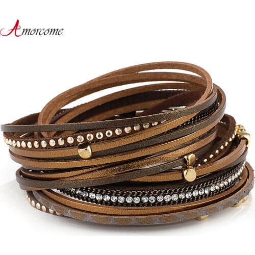 Amorcome Rhinestone Genuine Leather Bracelets for Women Bohemian Multilayer Charm Wide Wrap Bracelets & Bangles Femme Jewelry