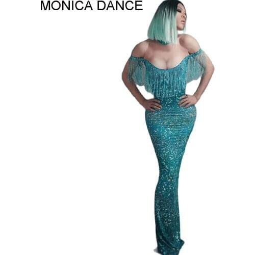 6 Colors Sexy Stage Tassels Summer Long Dress Sleeveless Fringes Dress Outfit Wear Evening Birthday Celebrate Women Sexy Dress