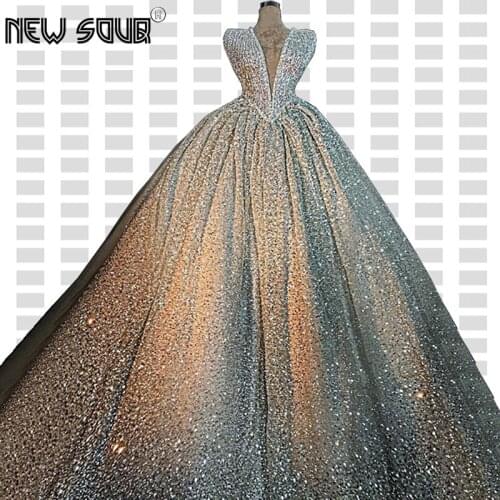 Sliver Ball Gown Formal Gown Evening Dresses Customize Islamic Turkish V Neck Illusion Prom Dress 2020 Middle East Glitter Gown