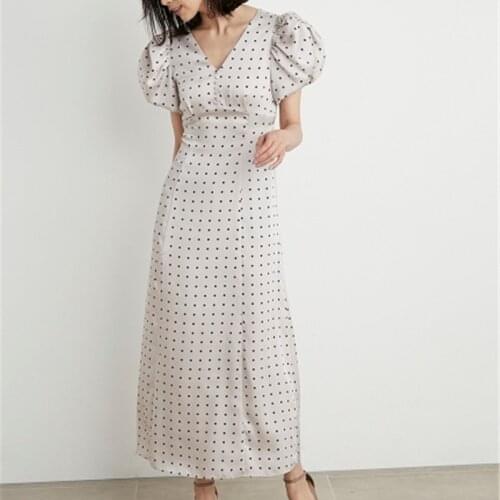 Vintage Polka Dot Print Puff Sleeve Dress Summer 2021 V-neck Backless High Waist Slim Vestido De Mujer Office Lday Elegant Robe